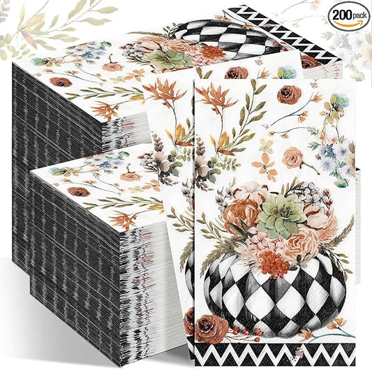 Karenhi 200 Pcs Fall Paper Napkins Black and White Pumpkin Disposable Hand Towels for Bathroom 2 Ply Floral Guest Napkins Thanksgiving Decorative Napkins Halloween Paper Napkin for Autumn Baby Shower