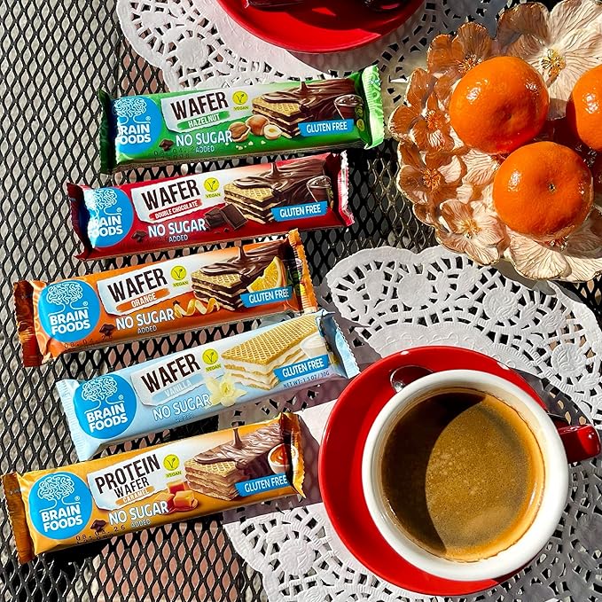BRAIN FOODS Gluten Free Vegan Chocolate Coated Hazelnut Wafers - 12 Bars, No Sugar Added, High Fiber, No Palm Oil, 1.4 oz, 170 Calories, Guilt Free Snack, Natural Hazelnut Flavor
