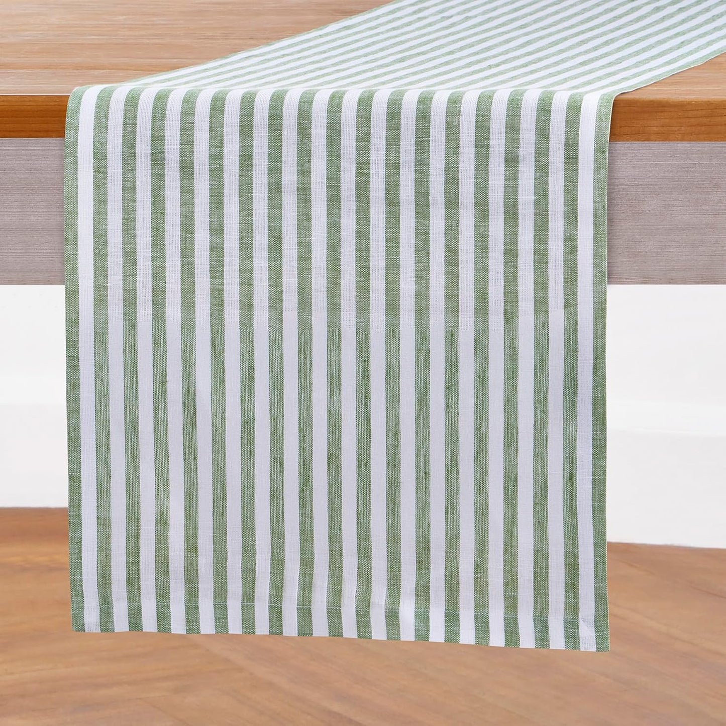 Solino Home Striped Linen Table Runner 60 Inches - Amalfi Stripe, 100% Pure Linen Green and White Small Table Runner 14 x 60 Inch Ideal for Dresser and Coffee Tables - Fall, Halloween, Christmas