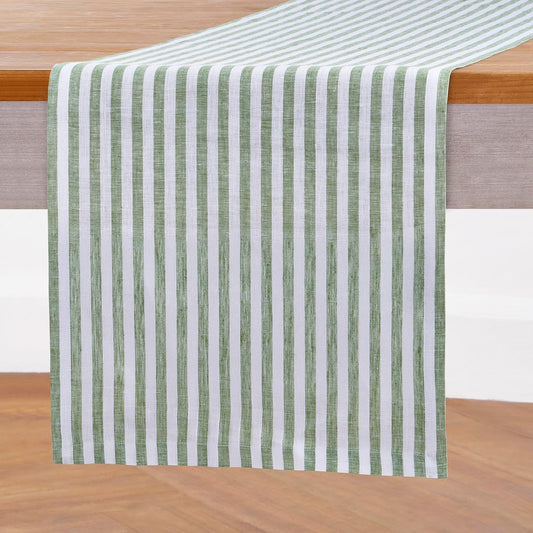 Solino Home Linen Table Runner 108 Inches Long - Amalfi Stripe, 100% Pure Linen Green and White Table Runner 14 x 108 Inch for Dining, Fall, Autumn, Christmas