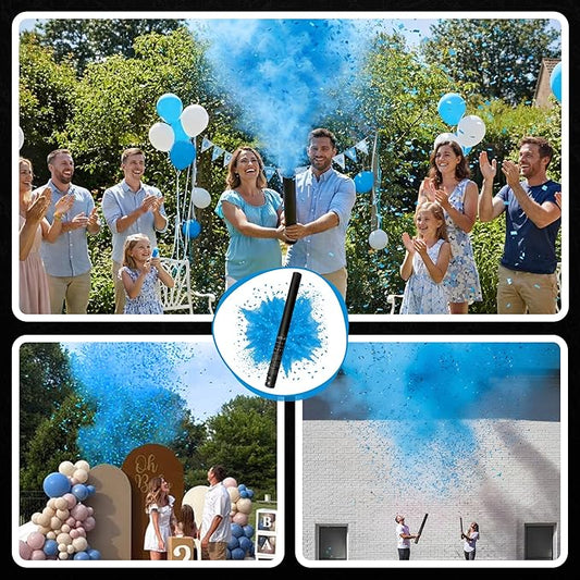 Ultimate Confetti – Handheld Gender Reveal Powder + Confetti Cannon 24” Blue – Non-Toxic Food-Grade Powder Cannon – Pre-Filled, Leak-Resistant Single-Use Cannon– 15–25 ft Outdoor Photo-Ready Explosion