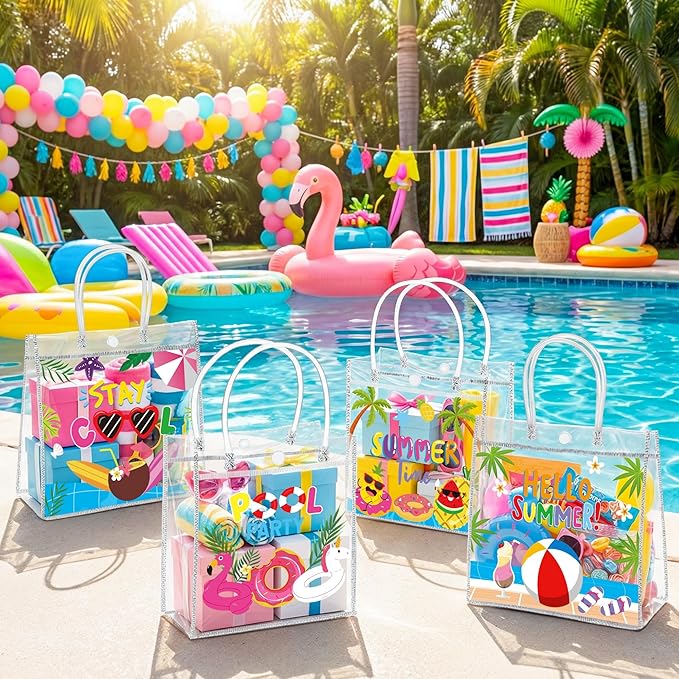 H1vojoxo Hello Summer Gift Bags - 24PCS Summer Pool Party Favor Clear Gift Bags with Handles 7.9x3.2x7.9 Inch Pool Clear PVC Gift Bag 4 Styles Waterproof and Reusable Beach Goodie Treat Party Tote Bag