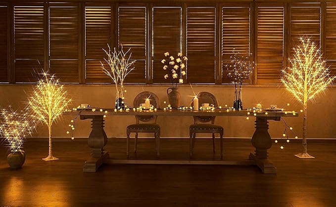 LITBLOOM Lighted White Birch Willow Branches with Timer Battery Operated Set of 2, Tree Branch with Warm White Lights for Holiday and Party Decoration 30IN 100 LED Waterproof