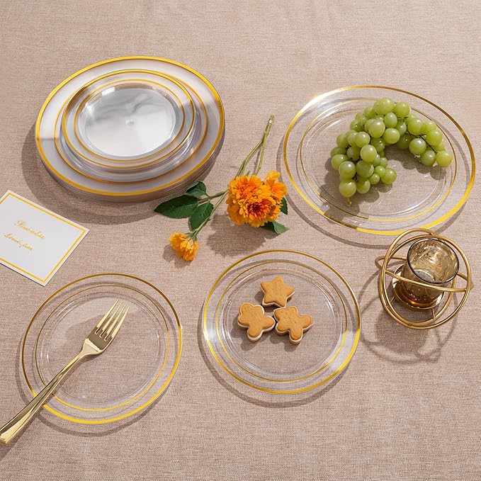 100Pcs Clear Plastic Dessert Plates, Thanksgiving Plates Disposable Salad Plate with Gold Rim, Premium Hard Fancy Small Plate, Heavy Duty Plastic Cakes Platos for Party, Wedding and Birthday
