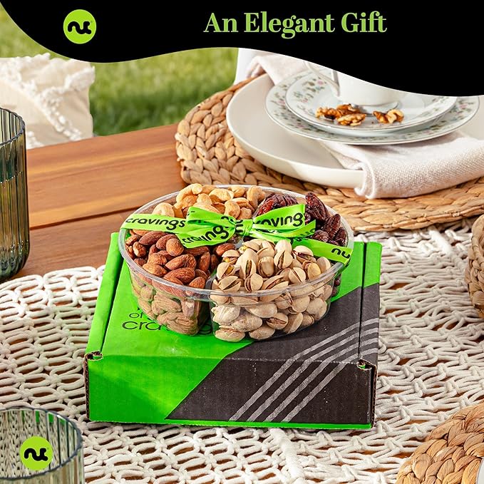 NUT CRAVINGS - Halloween Treats For Adults Mixed Nuts Gift Basket + Green Ribbon (4 Assortments) Holiday Xmas Christmas Food Arrangement, Healthy Snack Care Package, Food Assortments