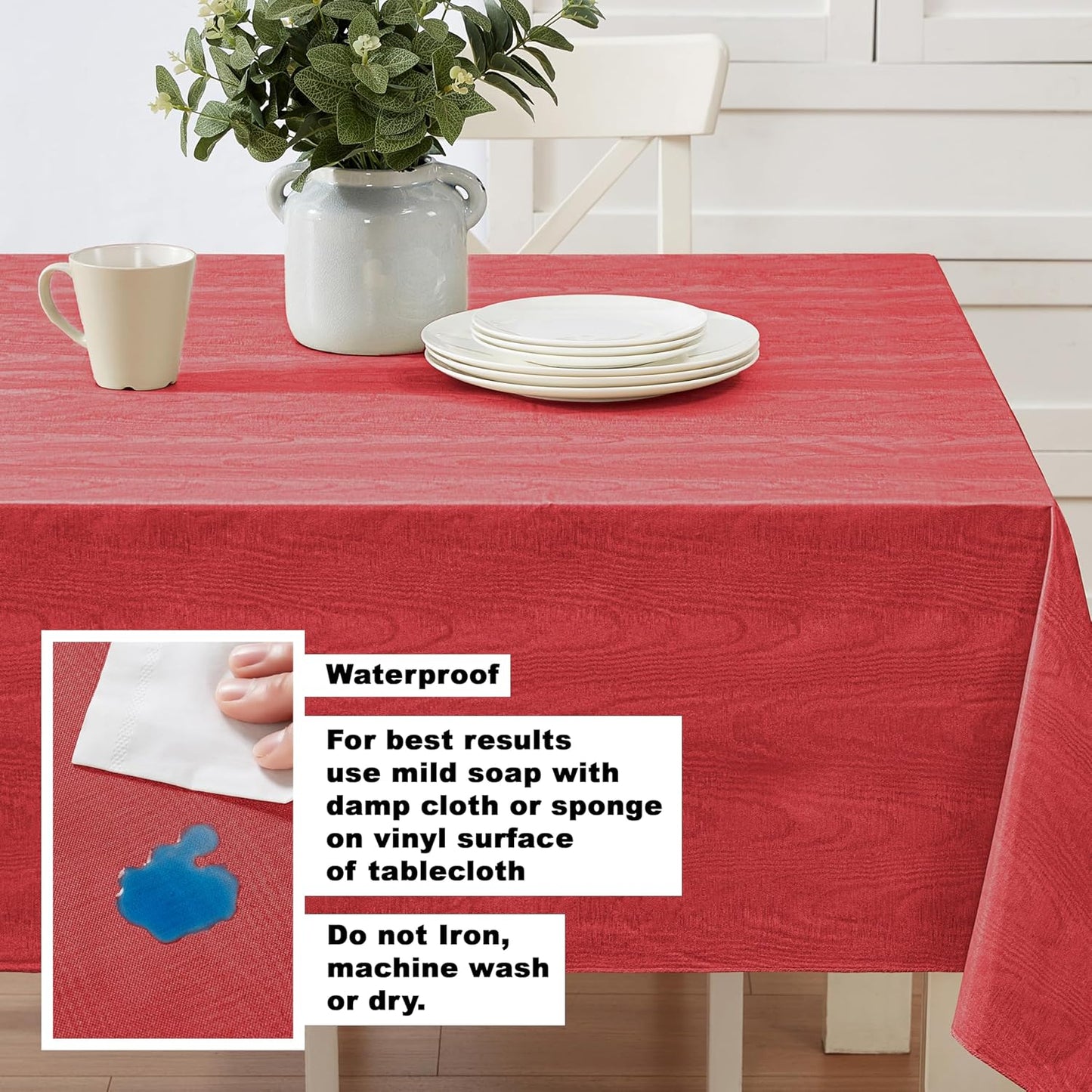 Newbridge Vinyl Flannel Backed Tablecloth, 60 x 120 Inch Rectangle, Red Moire Wavy Solid Design, Heavyweight Indoor Outdoor Waterproof Table Cover, Easy Care Wipe Clean