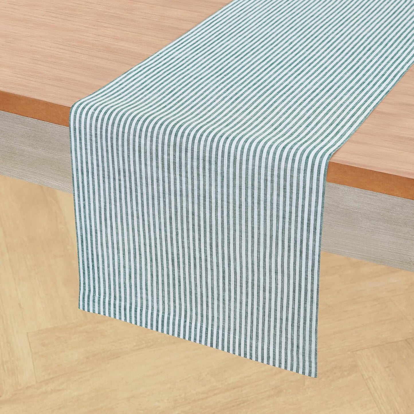 Solino Home Linen Table Runner 120 Inches Long - Narrow Stripe, 100% Pure Linen Rainforest and White Table Runner 14 x 120 Inch for Dining, Christmas