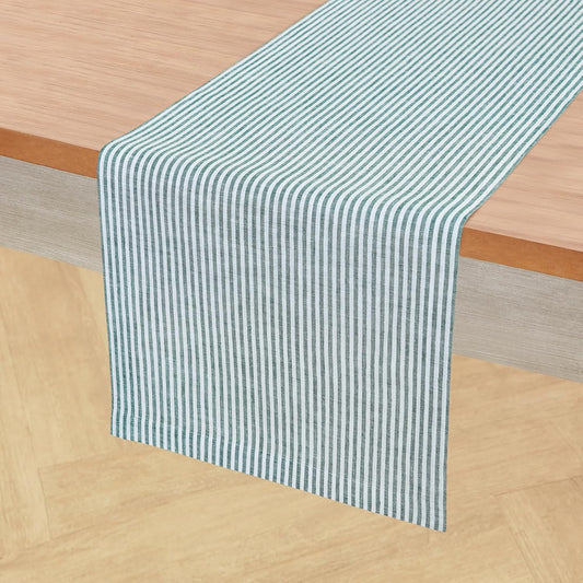 Solino Home Linen Table Runner 120 Inches Long - Narrow Stripe, 100% Pure Linen Rainforest and White Table Runner 14 x 120 Inch for Dining, Christmas