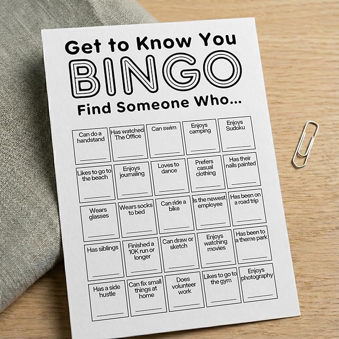 Sahjzk Office Bingo Cards, 25 Unique Randomized 5x7 Sheets, Get to Know You Bingo Game for Adults, Ice Breaker Office Party Games, Team Building Games for Work, High Replay Value - A01