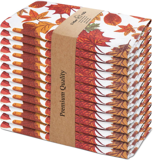 Urban Villa Fall Cloth Napkins Harvest Leaves Print 100% Cotton Absorbent Dinner Napkins (Set of 12) 20x20 Inches Thanks Giving Soft Durable Washable Reusable Ideal for Everyday Use Wedding Parties