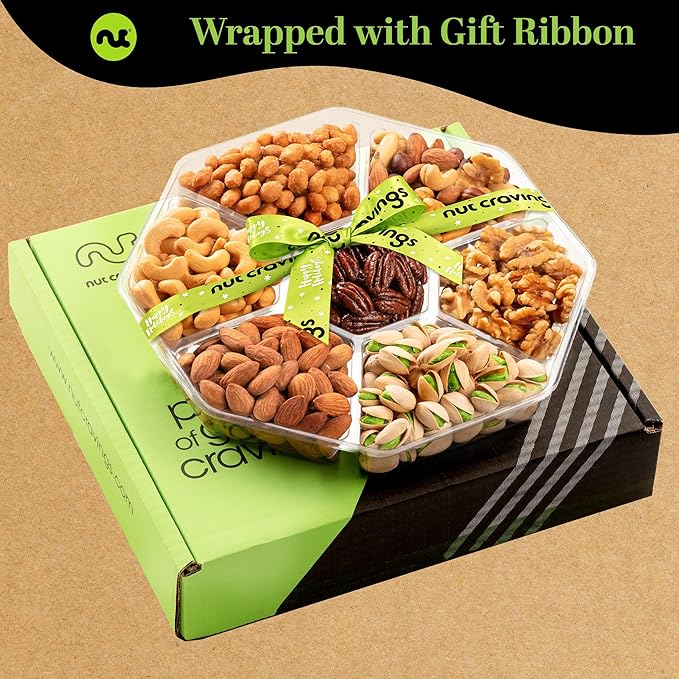 NUT CRAVINGS Gourmet Collection - Christmas Treats Nuts Gift Basket with Happy Holiday Ribbon (7 Assortments) Food Arrangement, Healthy Snack Care Package, Food Assortments