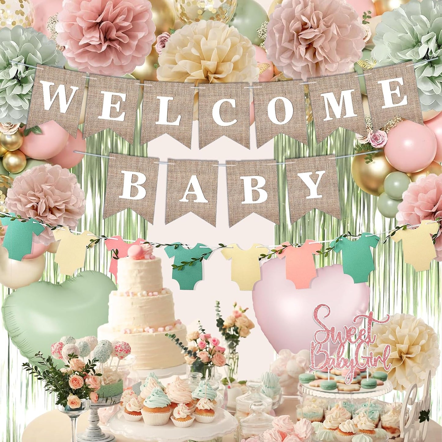 Pink Green Baby Shower Decorations Girls with Welcome Baby Banner, Paper Pom Poms, Sweet-Girl Baby Cake Topper, Retro Olive Pink Metallic Balloon Décor for Easter Jungle Safari Fairy Baby Shower Party