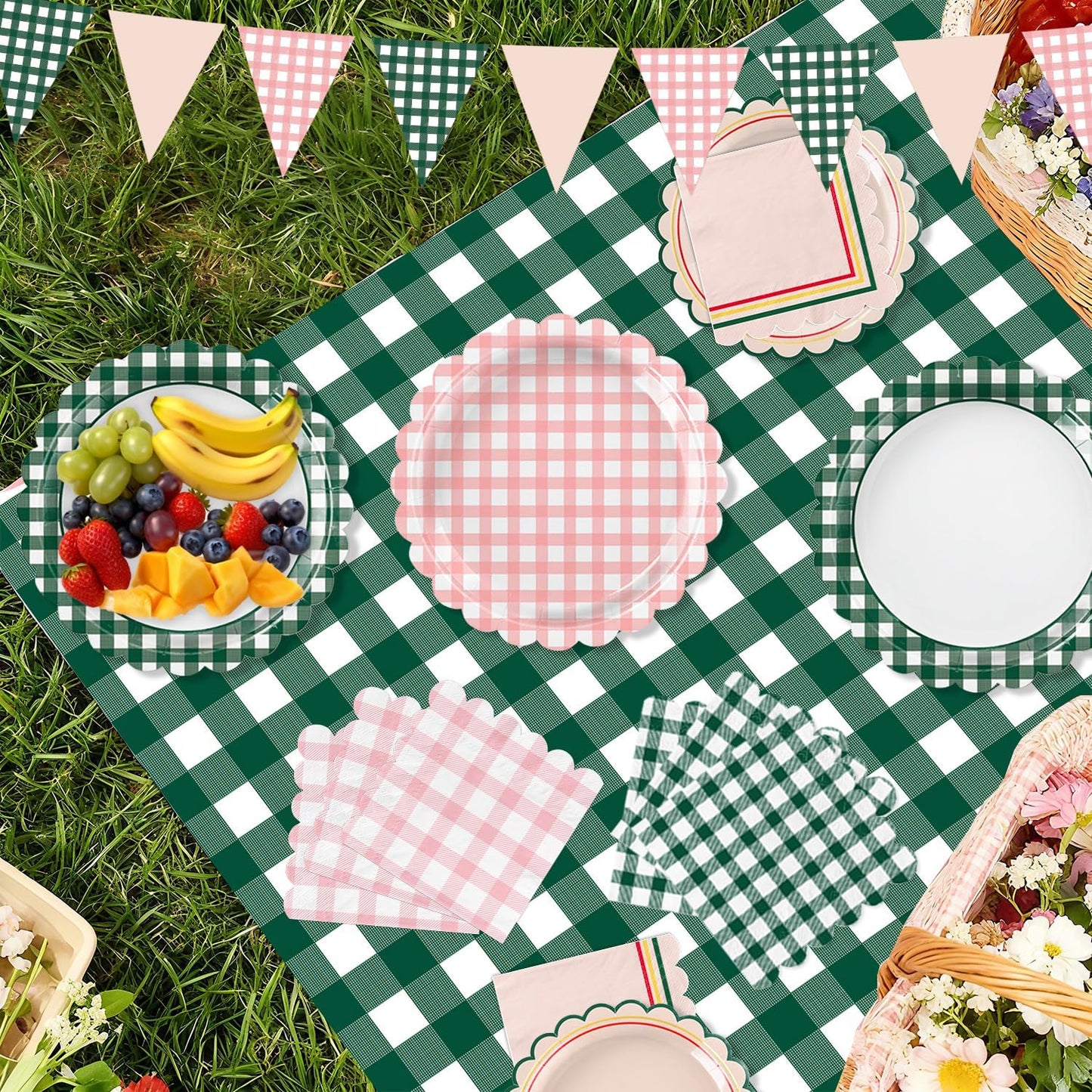 102 PCS Camp Bachelorette Decorations - Scalloped Gingham Plates, Napkins, Cups, Banner, Gingham Tablecloths for Baby Shower, Wedding, Birthday, Serves 25