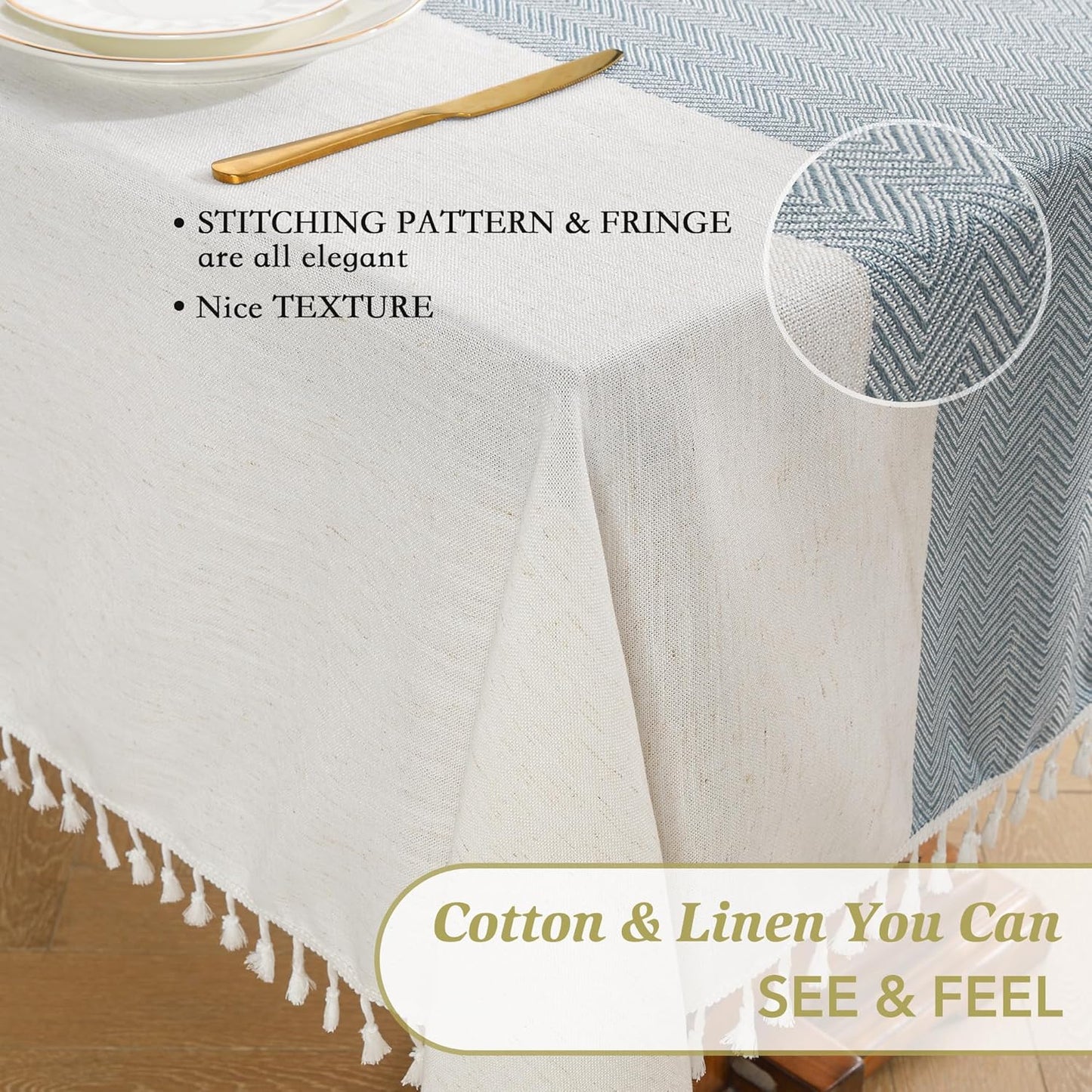 Oubonun Cotton Linen Rectangular Tablecloth - Wrinkle Resistant & Waterproof - Machine Washable Table Cloth with Tassels for Kitchen & Dining, 55''x102'', 8-10 Seats