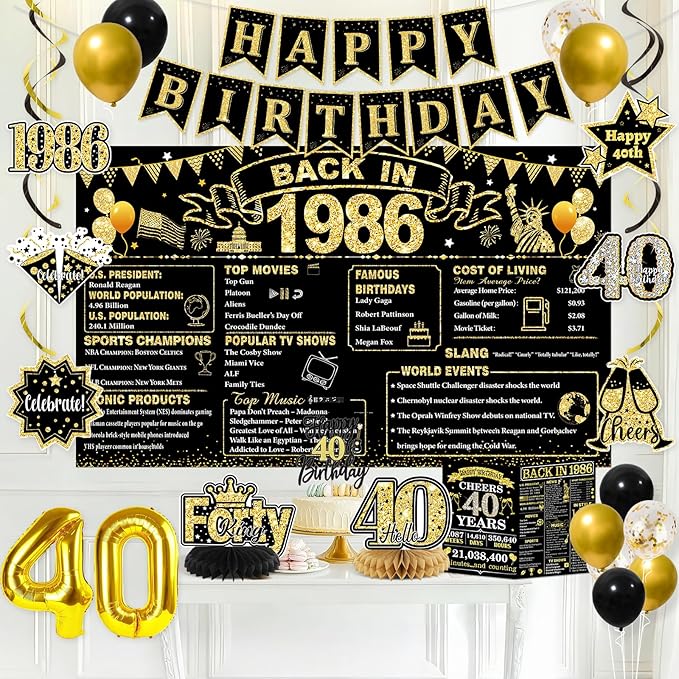 40th Birthday Decorations for Men, Black Gold Back In 1986 Party Supplies Set with Sash, Banner, Backdrop, Balloons & Cake Topper for 40 Year Old Birthday Decorations