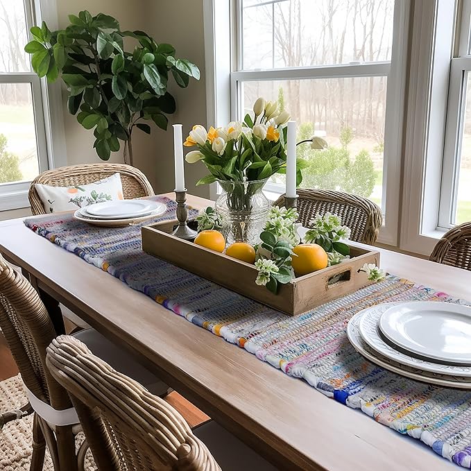 COTTON CRAFT Woven Chindi Table Runner - Handwoven Recycled Cotton Yarn Reversible Tablerunner - Boho Rustic Farmhouse - Everyday Spring Summer Kitchen Dining Table Runner - 13x72 inches - Multicolor