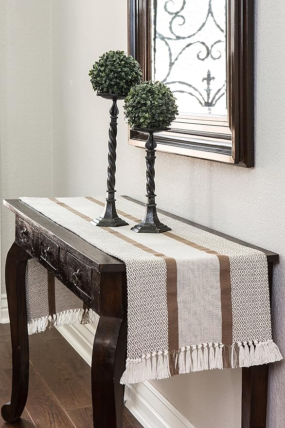 Sticky Toffee Cotton Table Runner, 14 x 72 Inch, Woven Farmhouse Boho Striped Table Décor for Kitchen or Dining, Tan Oeko-Tex Fabric