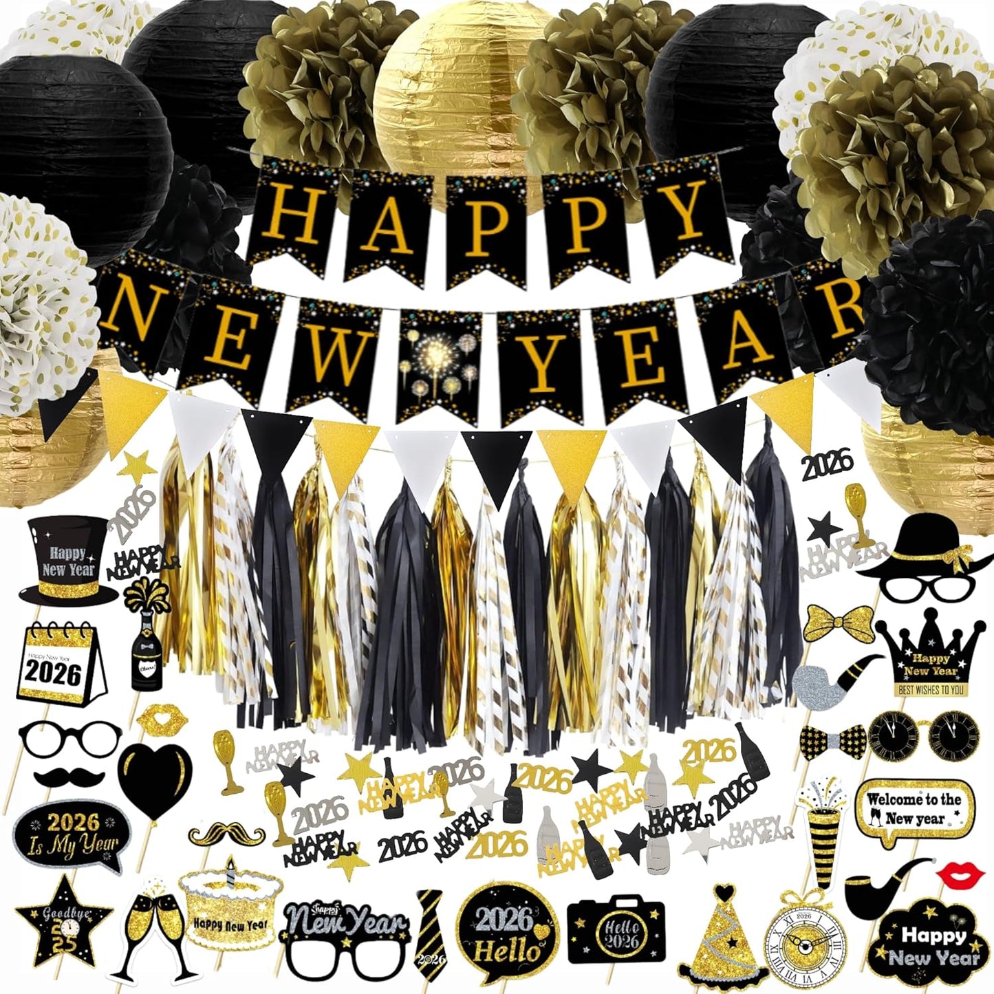2026 New Years Eve Party Decorations Set, 62 Pieces, Black and Gold Banner, Triangle Flags, Paper Lanterns, Tassels, Photo Props
