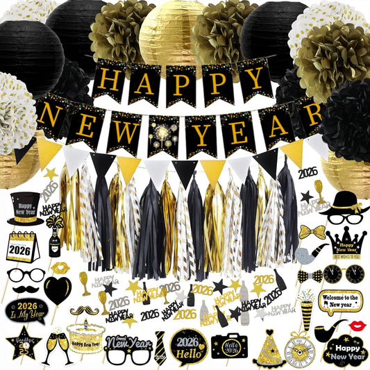 2026 New Years Eve Party Decorations Set, 62 Pieces, Black and Gold Banner, Triangle Flags, Paper Lanterns, Tassels, Photo Props