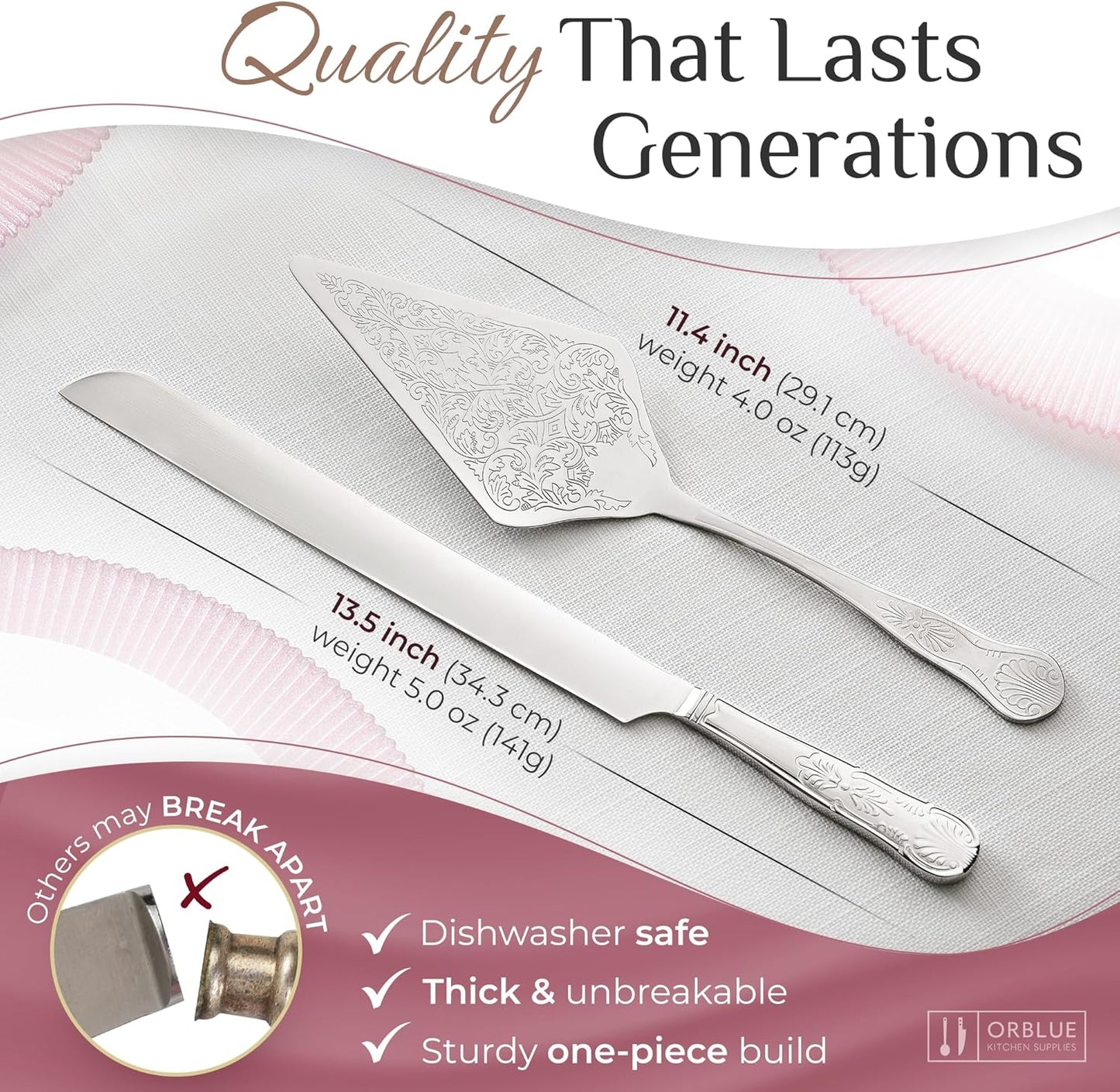 Orblue Wedding Cake Knife and Server Set - Premium, Beautifully Engraved Cutting Set - Elegant Keepsake for Newlyweds Silver