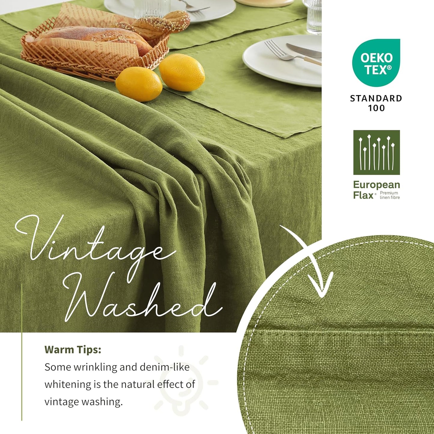 Linen World Vintage Tablecloths 55x55 Inch,100% French Linen Tablecloth,Classic Vintage Washed Table Cloths for Kitchen,Outdoor,Weddings,Decorative Thanksgiving Christmas,Moss Green