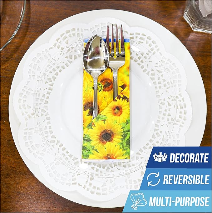Iconikal 75-Count Disposable Paper Party Napkins Sunflower Fields 6.5x6.5-Inch 2-Ply 2-Sided Design Birthday Dinner Event Decor Bulk Pack