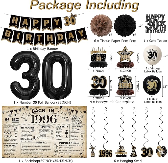 DARUNAXY 30th Birthday Party Decorations for Men Women, Vintage Back in 1996 Banner, Black 30 Number Balloons & Cake Topper, Vintage 1996 30 Birthday Honeycomb Hanging Swirl Confetti Balloons(30PC)