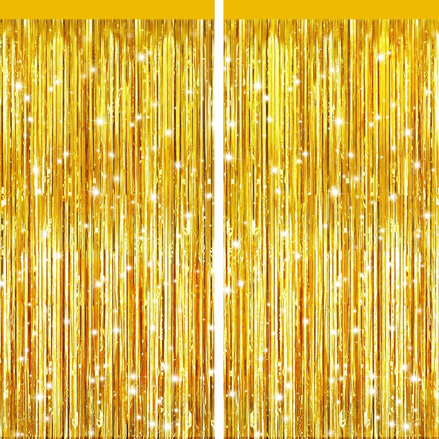 2 Pack Gold Metallic Tinsel Foil Fringe Curtains, Door Streamers Photo Booth Backdrop for Birthday Party, Tinsel Curtain Backdrop for Baby Shower Bachelorette Christmas Party Decorations