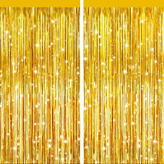 2 Pack Gold Metallic Tinsel Foil Fringe Curtains, Door Streamers Photo Booth Backdrop for Birthday Party, Tinsel Curtain Backdrop for Baby Shower Bachelorette Christmas Party Decorations