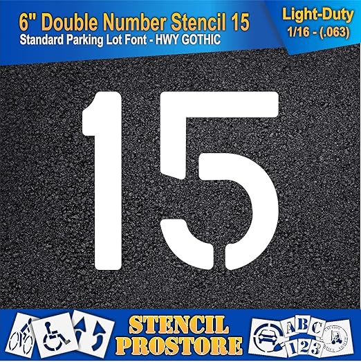 Pavement, Curb, and WheelStop Stencils - 6 inch Double Number Stencil - (15) - 6" x 6" x 1/16" (63 mil) - Light-Duty