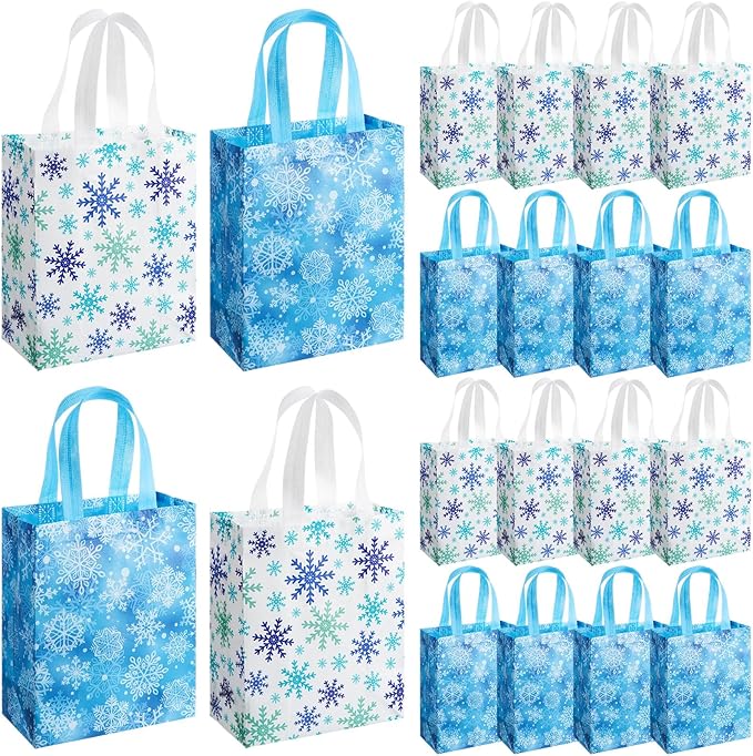 Wovnet 30 Pcs Christmas Bags Bulk Blue and White Snowflake Winter Merchandise Gift Bags with Handles Reusable Non Woven Tote Shopping Goodie Pouch for Xmas Party Favors Supplies 10 x 8 x 4in