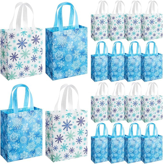 Wovnet 30 Pcs Christmas Bags Bulk Blue and White Snowflake Winter Merchandise Gift Bags with Handles Reusable Non Woven Tote Shopping Goodie Pouch for Xmas Party Favors Supplies 10 x 8 x 4in