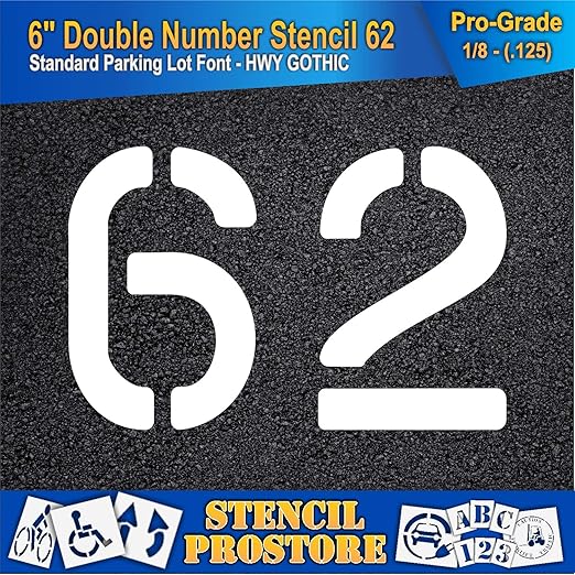 Pavement, Curb, and WheelStop Stencils - 6 inch Double Number Stencil - (62) - 6" x 9" x 1/8" (128 mil) - Pro-Grade