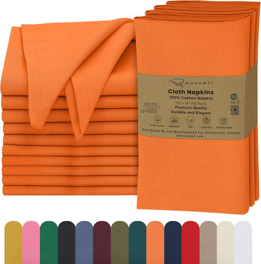 Ruvanti Cloth Napkins Set of 12, 18x18 Inches, 100% Cotton, Washable, Soft & Absorbent, Perfect for Wedding, Christmas, ‎Thanksgiving Dinners - Orange Peel