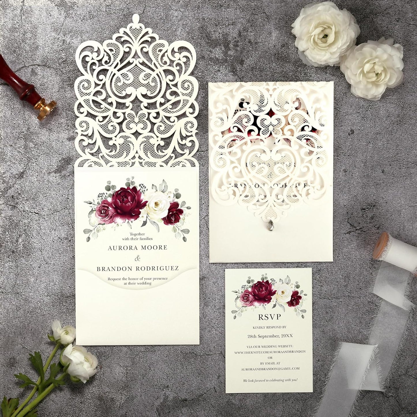 50pcs Laser Cut Wedding Invitations with Envelopes and RSVP Cards Burgundy and Ivory White, 5x7.3 Personalized Invitation Cards for Wedding, Anniversary Invitations with Rhinestone