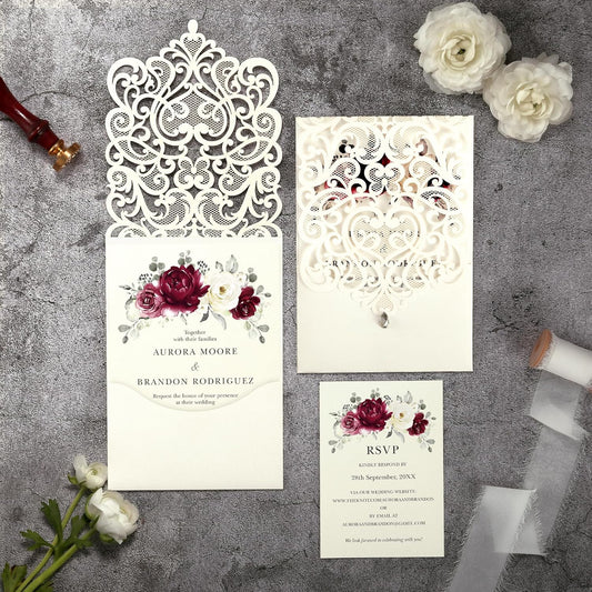50pcs Laser Cut Wedding Invitations with Envelopes and RSVP Cards Burgundy and Ivory White, 5x7.3 Personalized Invitation Cards for Wedding, Anniversary Invitations with Rhinestone