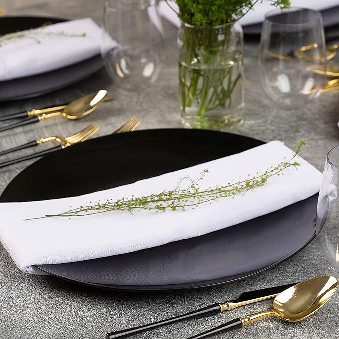 PLASTICPRO [Black 4 Pack] 13'' Charger Plates Black Plastic Heavy Duty Disposable Dinner Chargers Serveware Dishes Platters Tableware for Parties, Weddings & More