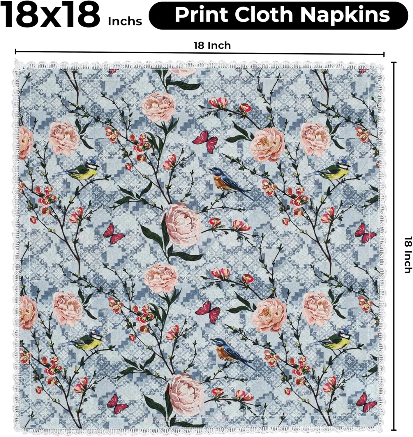 Bedding Craft Printed Cotton Dinner Napkins Set of 12 – 18x18 Lace Birds Design – Elegant & Reusable Fabric Table Napkins for Dining, Parties, Weddings & Everyday Use