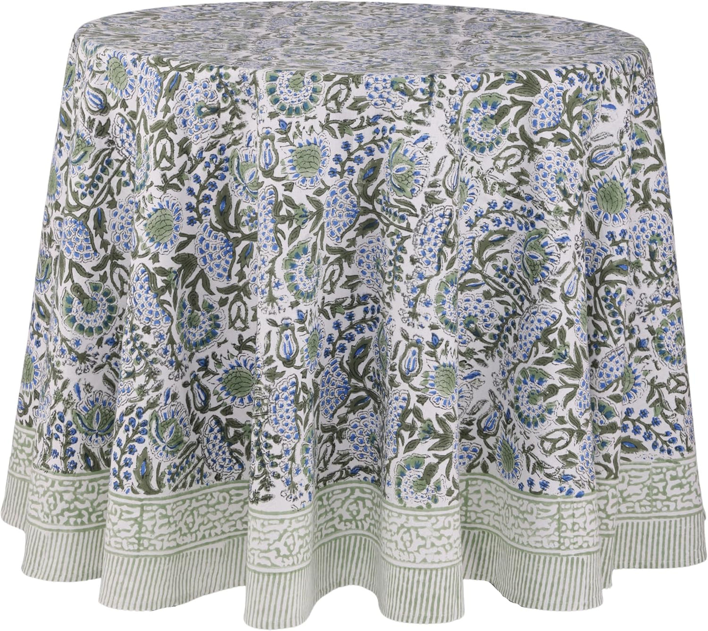 ATOSII Clover Blue 100% Cotton Round Boho Fall Tablecloth, Handblock Floral Table Cloth Linen for Kitchen Dining I Parties Wedding Outdoors Christmas Thanksgiving I 60" Inches Round I 4 Seater