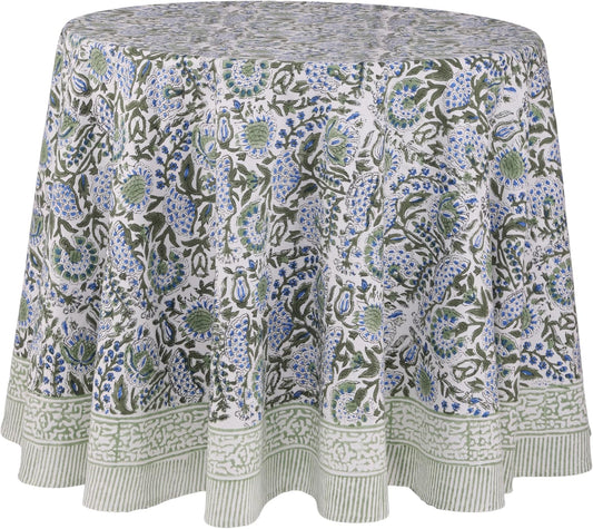 ATOSII Clover Blue 100% Cotton Round Boho Fall Tablecloth, Handblock Floral Table Cloth Linen for Kitchen Dining I Parties Wedding Outdoors Christmas Thanksgiving I 90" Inches Round I 6 Seater