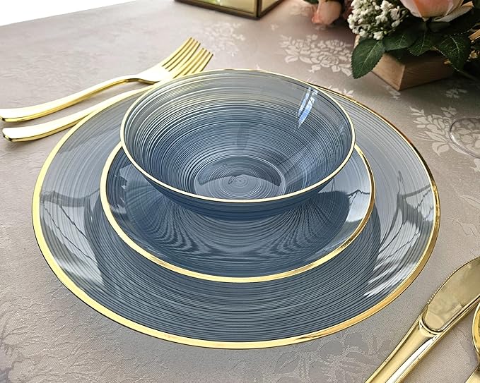 OCCASIONS 240 Blue Plates Pack (120 Guests), Disposable Plastic Dinner Plates Set for Wedding Party - 120x10" Dinner + 120x7" Dessert Plates, Belize in Blue & Gold