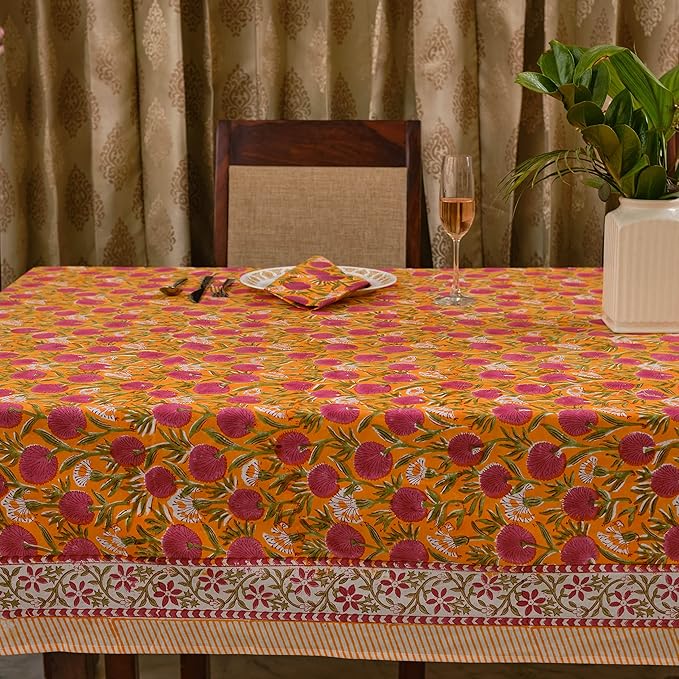 Ridhi Hand Block Print Bubblegum Pink Rectangle Cotton Tablecloth 190" x 72" Reusable Table Cover Decorative Everyday Use for Dining, Farmhouse, Home Gift for Spring, Easter, Valentine
