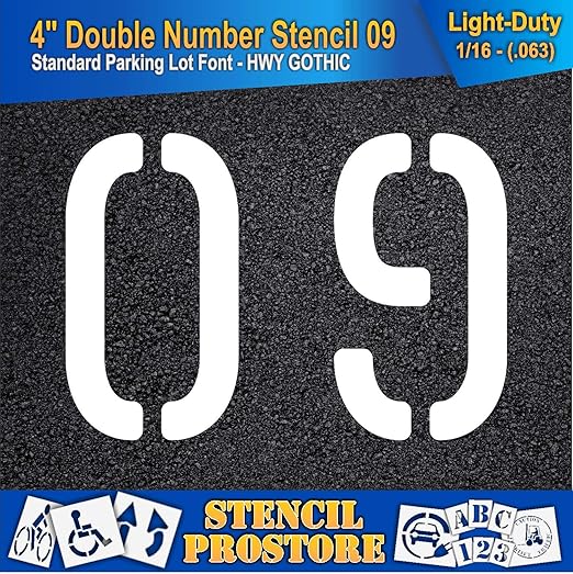 Pavement, Curb, and WheelStop Stencils - 4 inch Double Number Stencil - (09) - 4" x 5.5" x 1/16" (63 mil) - Light-Duty