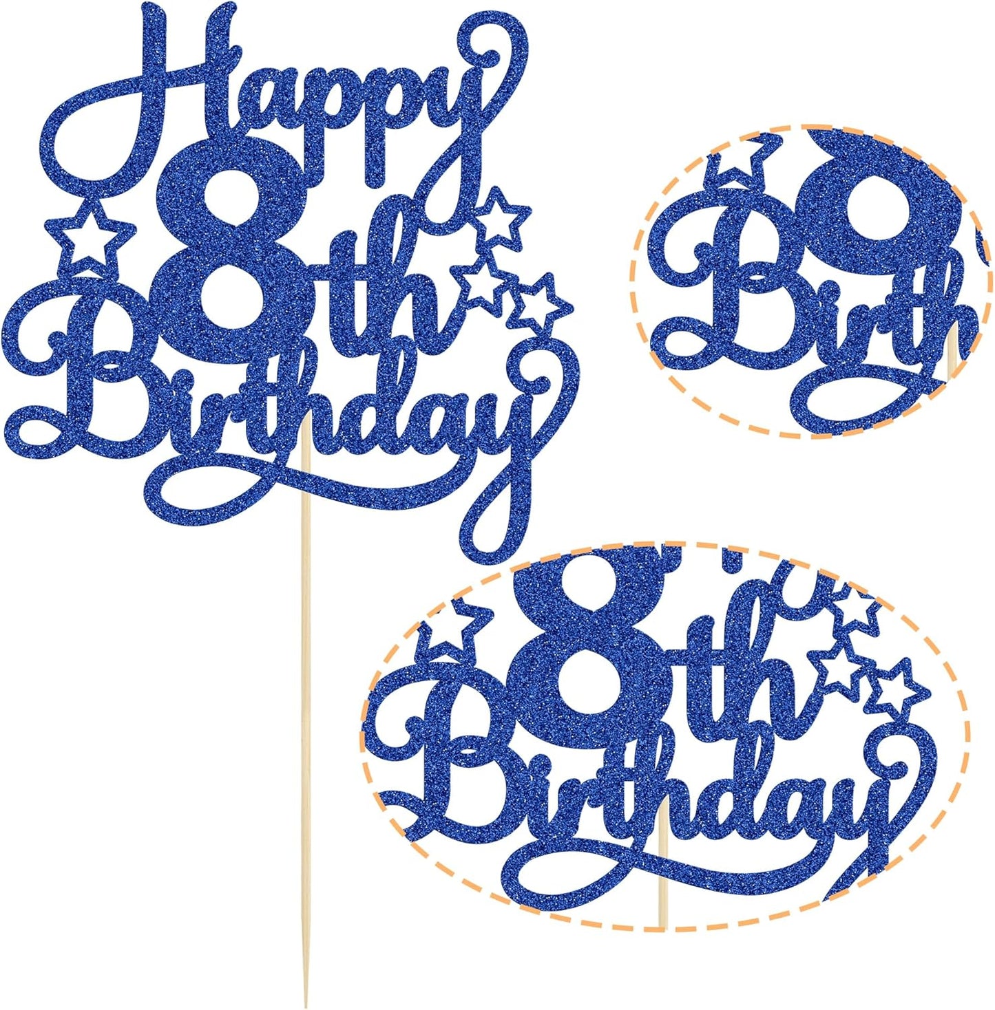 Happy 8th Birthday Cake Topper - Blue Glitter Cheers to 8 Years Old Cake Pick for Celebrating Anniversary Party Cake Decorations Supplies (1 Pack)