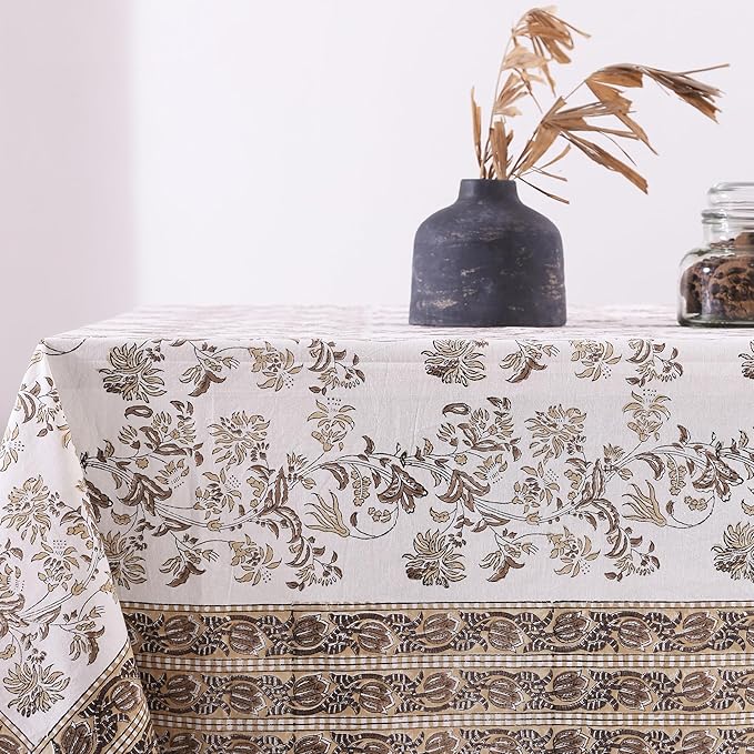 Labhanshi Indian Handblock Print Floral 100% Cotton Pre-Washed Canvas Rectangle Table Cloth|72x135 Inch 10-Seater Large Decorative Table Cover|Spring Easter Festive Holiday Decor|Beige Brown