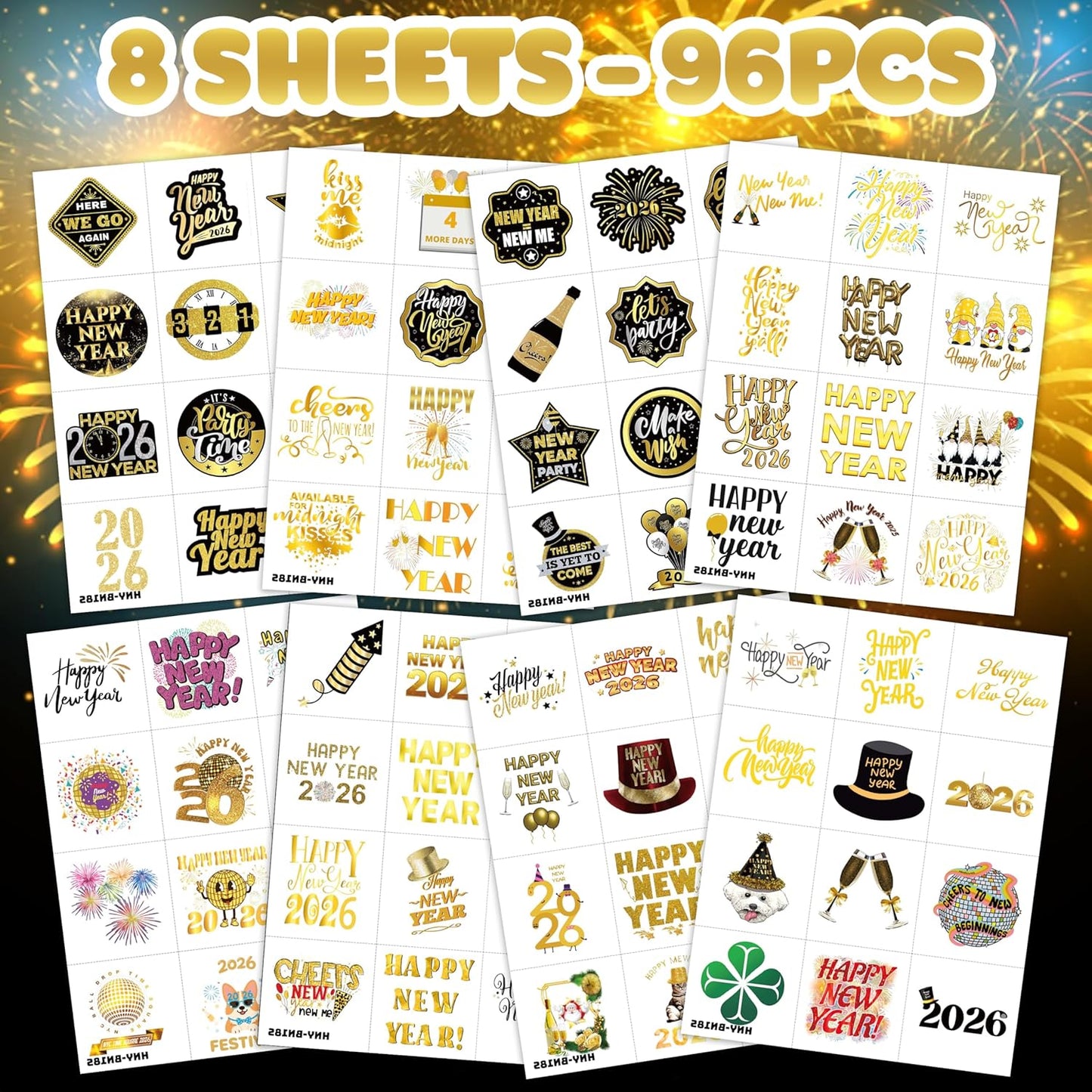Happy New Year 2026 Temporary Tattoos Stickers – 96PCS Gold New Year’s Eve Party Favors, Decorations, Countdown Celebration Supplies, Holiday Festival Accessories Gifts for Kids and Adults