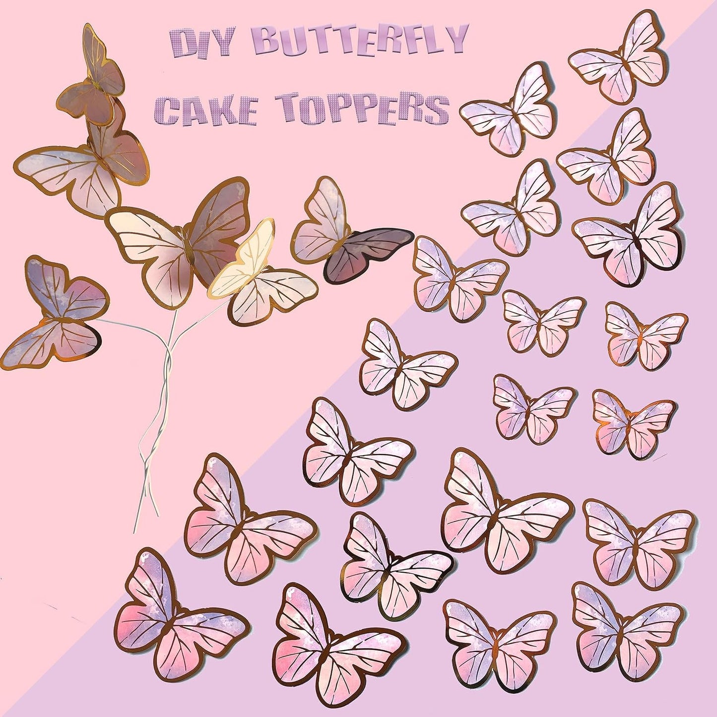 Colorful Butterfly Cake Decorations Set - 1 Large Happy Birthday Cake Topper & 20 Bronzing Striped Purple-Pink Butterfly Cupcake Toppers - Perfect for Girls Women Birthday Celebration