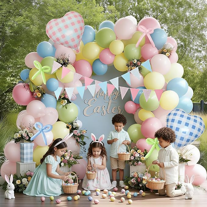 Pastel Balloon Arch Kit Double Stuffed Light Pink Blue Yellow Green Balloon Garland Gingham Heart Foil Balloons Striped Pennant Banner for Easter Baby Shower Birthday Gender Reveal Party Decorations