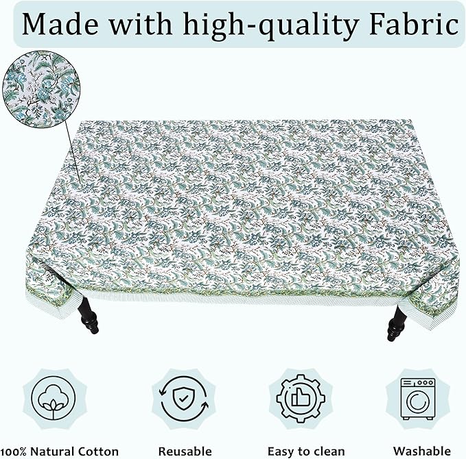 Ridhi Hand Block Print Sage Russian Green Rectangle Cotton Tablecloth 160" x 72" Reusable Table Cover Decorative Everyday Use for Dining, Farmhouse, Home Gift for Spring, Easter, Valentine
