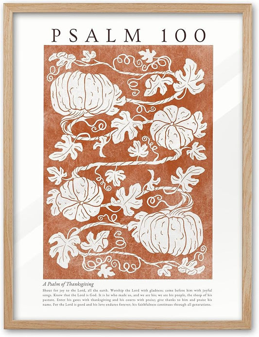 EcoHest Fall Botanical Pumpkins Framed Wall Art, 12x16 in OAK Wood Christian Psalm 100 Canvas Wall Art, Beige Logs A Psalm of Thanksgiving Home Decor Set of 1 for Bedroom Living Room